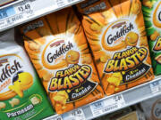 Pepperidge Farm Goldfish Flavor Blasted Xtra Cheddar crackers are on display at a supermarket in the East Village neighborhood of Manhattan, Tuesday, July 24, 2018. Flavor Blasted Xtra Cheddar is one of four varieties of Goldfish Crackers Pepperidge Farm is voluntarily recalling because of fears they could potentially have salmonella.