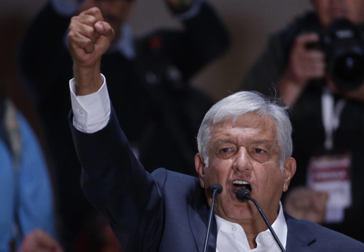 Presidential candidate Andres Manuel Lopez Obrador delivers his victory speech in Mexico City’s main square, the Zocalo, late Sunday. Angry and frustrated over corruption and violence, Mexican voters delivered a tidal wave presidential election victory to Lopez Obrador, giving him a broad mandate to upend the political establishment and govern for the poor.