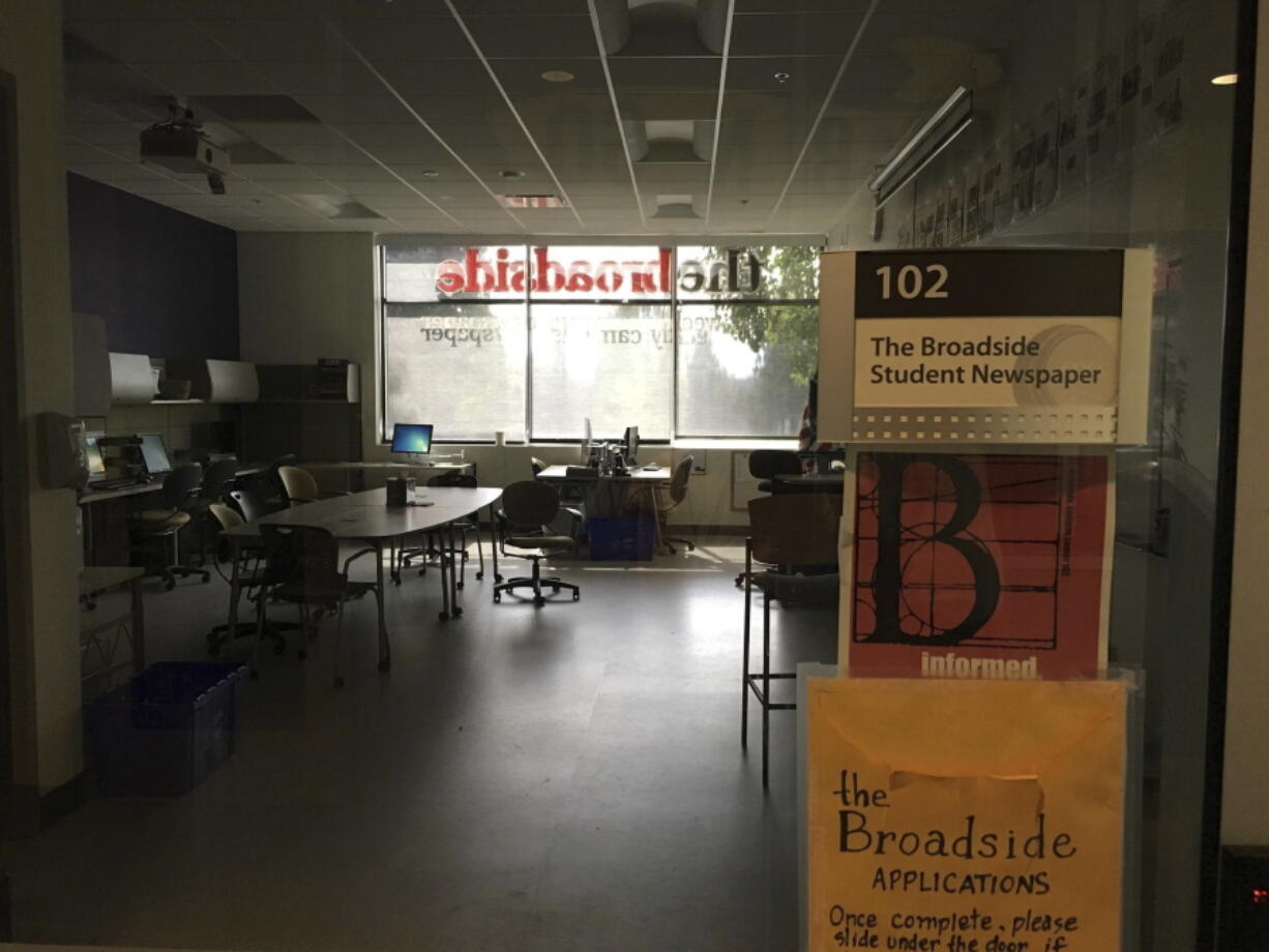 The empty offices of The Broadside on the Central Oregon Community College Bend campus are pictured Monday in Bend, Ore.