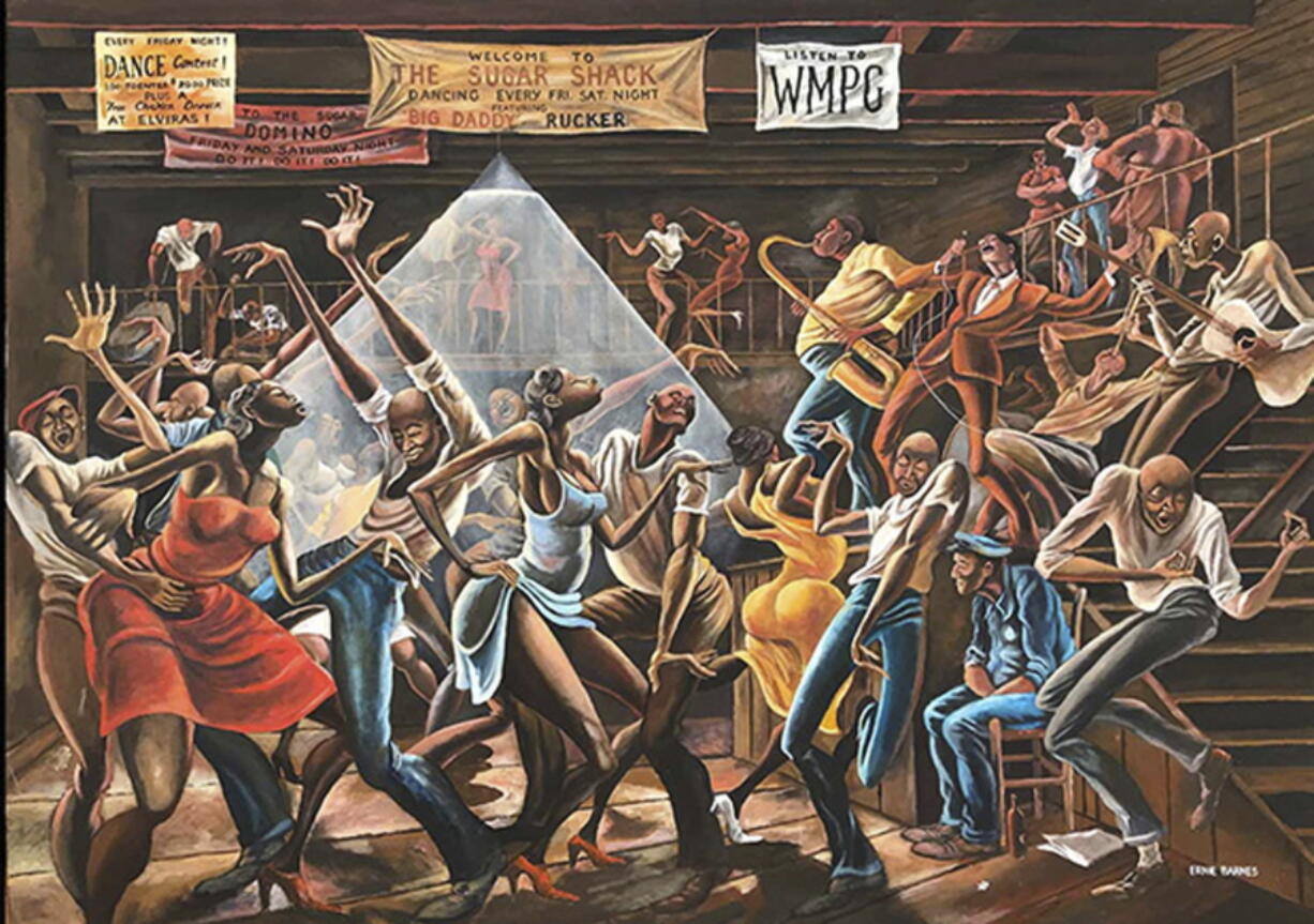 This photo made available by the Ernie Barnes Family Trust shows the painting titled “Sugar Shack,” created by Ernie Barnes in 1976.