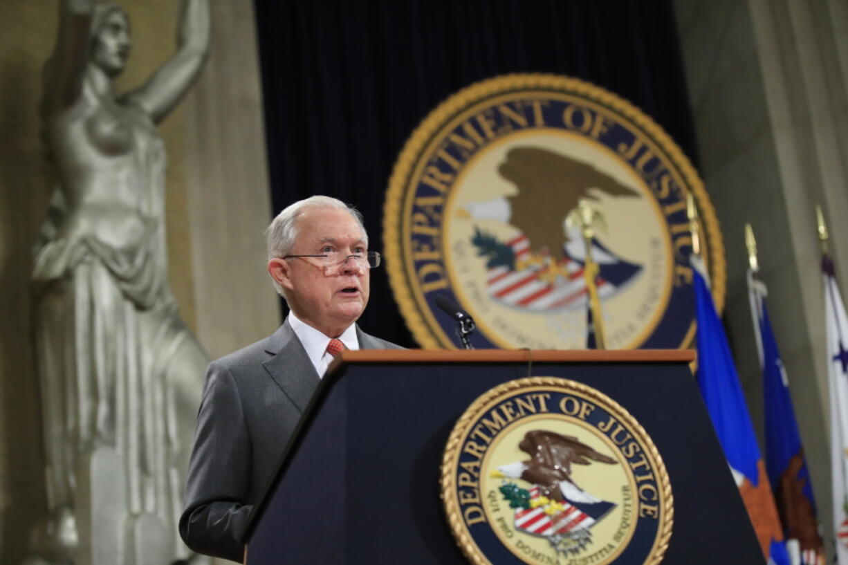 Attorney General Jeff Sessions speaks during a Religious Liberty Summit at the Department of Justice on Monday. Sessions says there’s a “dangerous movement” to erode protections for Americans to worship and believe as they choose.