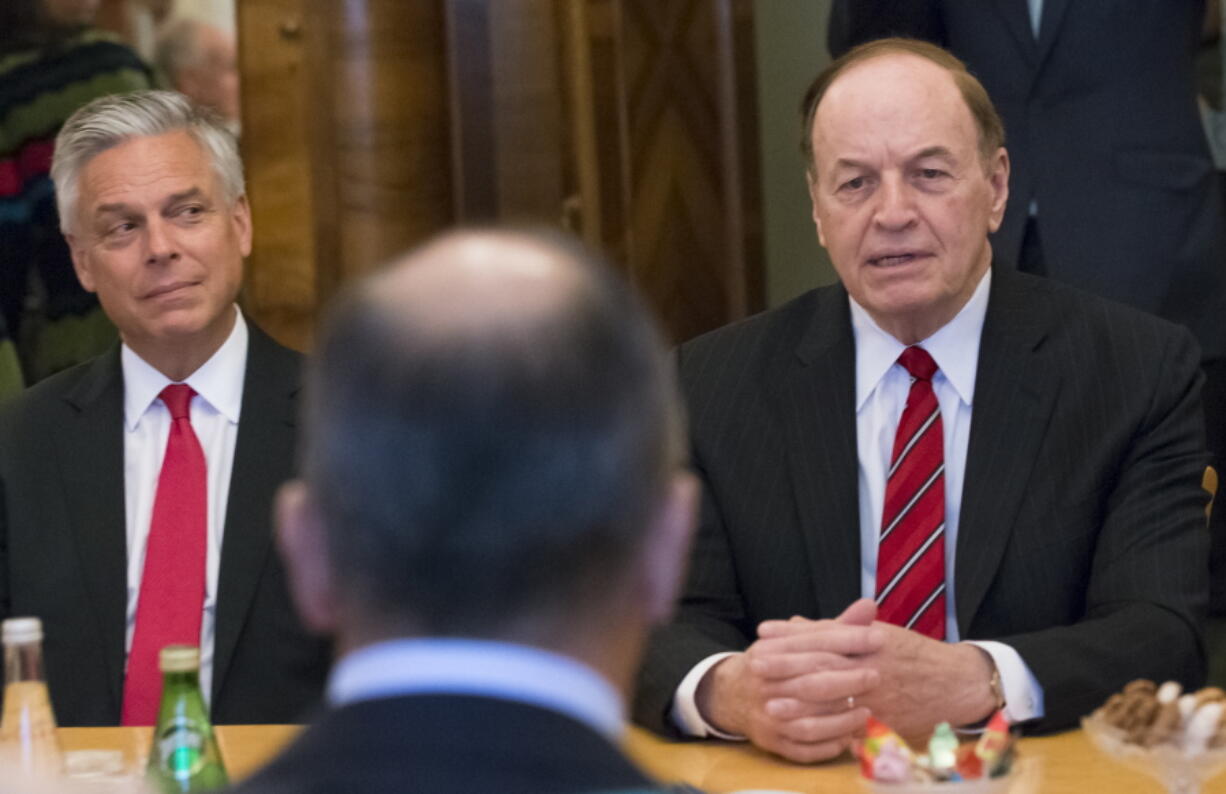 Russian Foreign Minister Sergey Lavrov, back to a camera, listens to Sen. Richard Shelby, R-Ala., right, during his meeting Tuesday with a Republican congressional delegation in Moscow. U.S. Ambassador to Russia Jon Huntsman Jr. is at left.