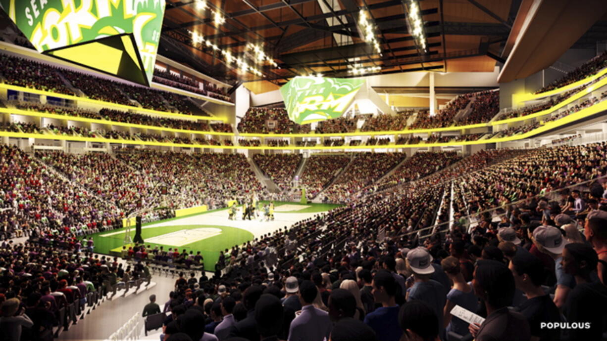 This undated artist's rendering provided by Populous shows KeyArena after a proposed renovation to make it ready for a potential NHL franchise, now estimated to cost $100 million more than previously expected. Oak View Group announced Tuesday, July 31, 2018, it had selected Skanska and AECOM Hunt to partner together as the general contractor for construction of the $700 million project. The project was originally expected to cost $600 million.