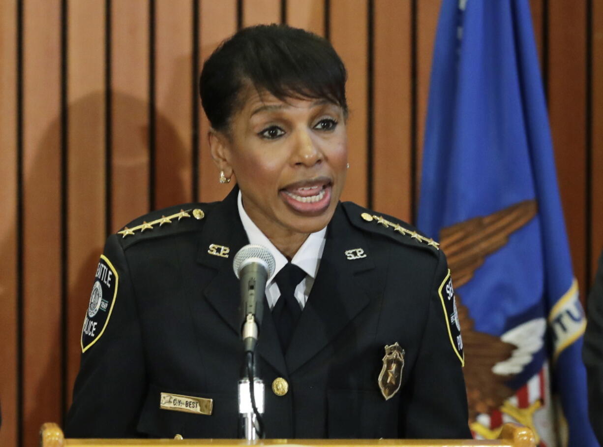 Seattle Interim Police Chief Carmen Best speaks June 6 during a news conference in Kent. Best was picked by Seattle Mayor Jenny Durkan on Tuesday to lead the department on a permanent basis.