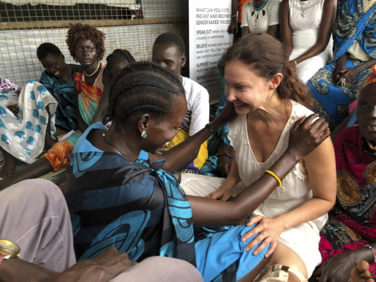 Actress Ashley Judd meets refugees in Juba, South Sudan, Thursday, June 28, 2018. In her first visit to civil war-torn South Sudan, Ashley Judd had a message for survivors of sexual assault in a country where rape is a widespread weapon. “I see you, I love you and I’m here for you,” she said in an interview with The Associated Press.