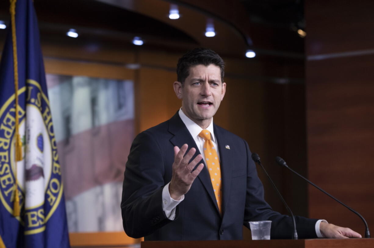 Speaker of the House Paul Ryan, R-Wis., meets with reporters as lawmakers prepare to break until Sept. 4, on Capitol Hill in Washington, Thursday, July 26, 2018. Ryan firmly rejected an effort by House conservatives to impeach Deputy Attorney General Rod Rosenstein, the official who oversees special counsel Robert Mueller’s Russia investigation. (AP Photo/J.