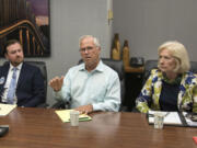 Candidates for Clark County Council chair Eric Holt, from left, Marc Boldt and Eileen Quiring meet with The Columbian’s Editorial Board in early July.