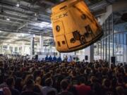 The first four NASA commercial crew astronauts who will crew the SpaceX Dragon capsule spoke with employees at the plant Monday in Hawthorne, Calif.