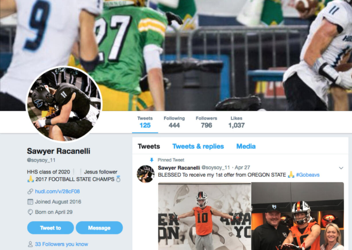 The home page of Sawyer Racanelli’s Twitter account. Knowing college coaches often follow the accounts of recruits, the Hockinson junior is careful what he posts online. “I wouldn’t do anything that would disrespect my name and family,” he said.