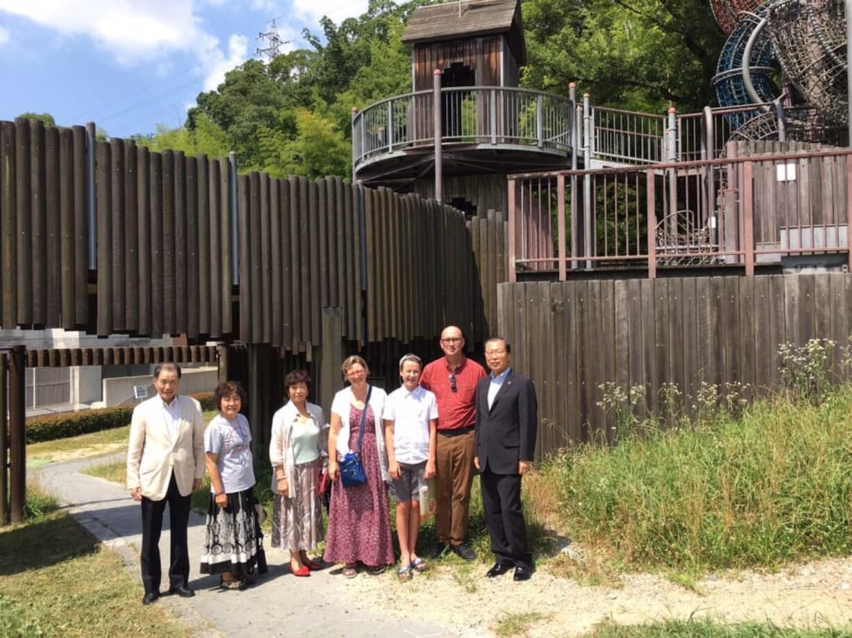 Felida: Dave Douglas, red shirt, his wife Sara Douglas, purple dress, and their son Joey Douglas, white shirt, received a VIP tour of Joyo, Vancouver’s sister city, while in Japan and met with Mayor Mayor Toshiharu, far right.