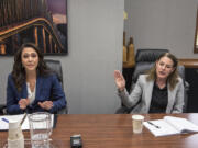 Incumbent U.S. Rep. Jaime Herrera Beutler, R-Battle Ground, left, and Candidate Carolyn Long spoke to The Columbian Editorial Board at The Columbian Offices on Aug. 8.