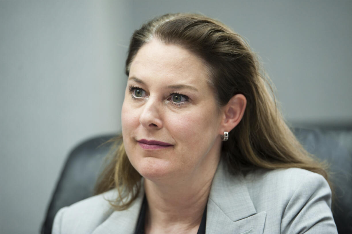 Candidate Carolyn Long speaks to The Columbian Editorial Board at The Columbian Offices on Wednesday afternoon, Aug. 8, 2018.