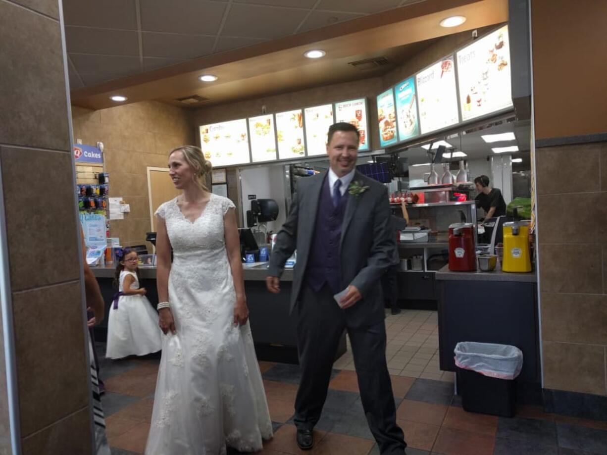 Yacolt: After getting married at Moulton Falls Bridge, Lynn LaBeau McNally and Keith Kent and their 44 wedding guests took a party limo to Dairy Queen for ice cream.