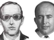 An artist’s rendition of plane hijacker D.B. Cooper, left, and a photo from around that time of Sheridan Peterson.