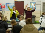 Woodland: Sonya Stemkoski, left, and Felicity Ottis taught parents from the Woodland Co-Op Preschool techniques for educating kids about disabilities.