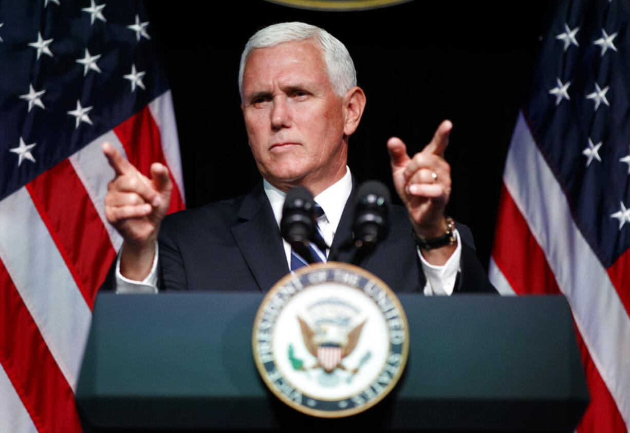 Vice President Mike Pence gestures during an event on the creation of a U. S. Space Force, Thursday, Aug. 9, 2018, at the Pentagon.  Pence says the time has come to establish a new United States Space Force to ensure America's dominance in space amid heightened completion and threats from China and Russia.