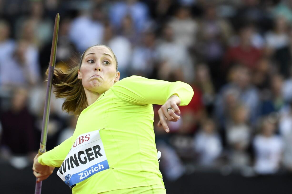 United States' Kara Winger competes in the women's javelin throw event during the Weltklasse IAAF Diamond League international athletics meeting in the Letzigrund stadium in Zurich, Switzerland, Thursday, August 30, 2018.