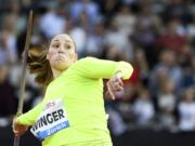 United States' Kara Winger competes in the women's javelin throw event during the Weltklasse IAAF Diamond League international athletics meeting in the Letzigrund stadium in Zurich, Switzerland, Thursday, August 30, 2018.