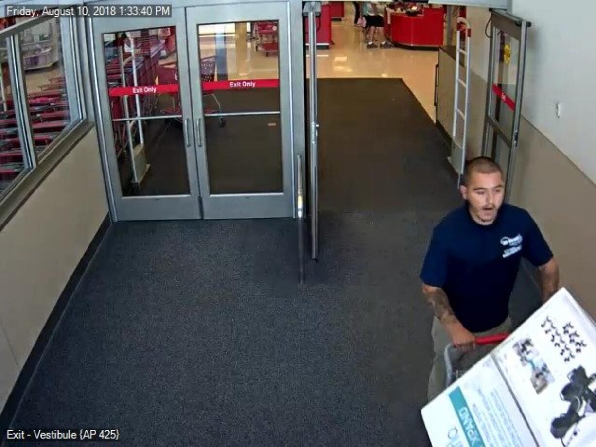 The Clark County Sheriff’s Office is seeking information on this man, who stole a $400 stroller and car seat from the Hazel Dell Target, 8801 N.E. Hazel Dell Avenue on Aug. 10.