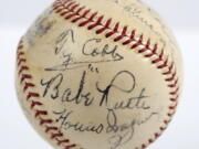 A baseball with the signatures of Babe Ruth, Ty Cobb, Honus Wagner and eight other legends of the game that has sold for more than $600,000. The players all signed the ball on the same day in 1939, when they had gathered to become the first class to enter the Baseball Hall of Fame. SCP Auctions said Monday, Aug. 13, 2018, that it has sold for just over $623,000. That crushes the previous record of $345,000 for a signed ball, set in 2013.