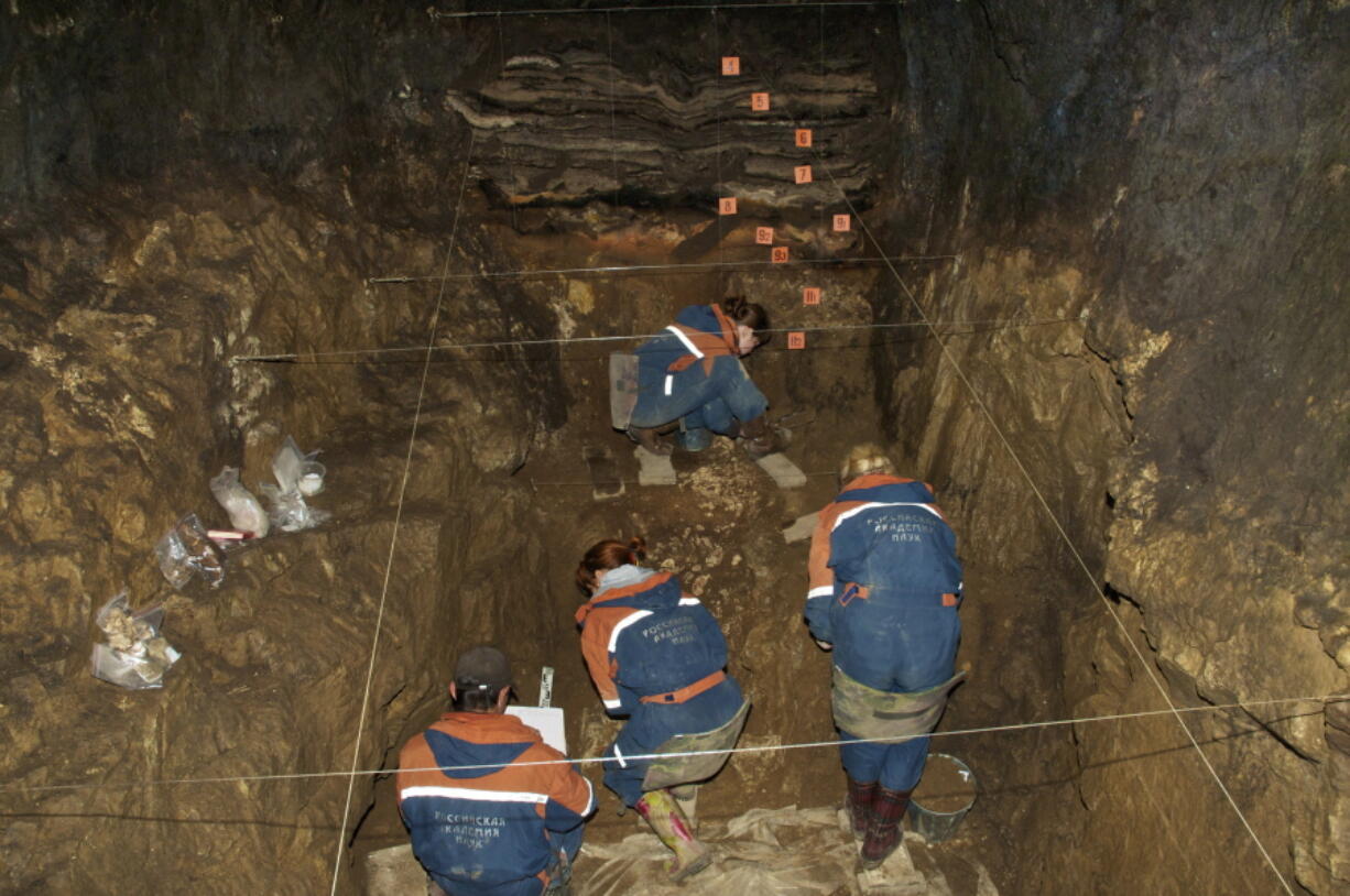 In this 2011 photo provided by Bence Viola of the University of Toronto, researchers excavate a cave for Denisovan fossils in the Altai Krai area of Russia. On Wednesday, Aug. 22, 2018, scientists reported in the journal Nature that they have found the remains of an ancient female whose mother was a Neanderthal and whose father belonged to another extinct group of human relatives known as Denisovans.