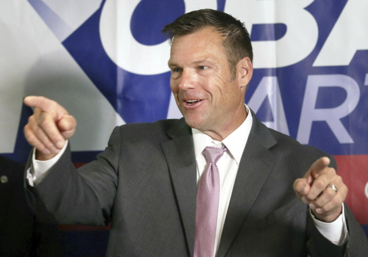 Secretary of State Kris Kobach spoke to the media during a news conference at the Topeka Capitol Plaza hotel in Topeka, Kan., on Wednesday.