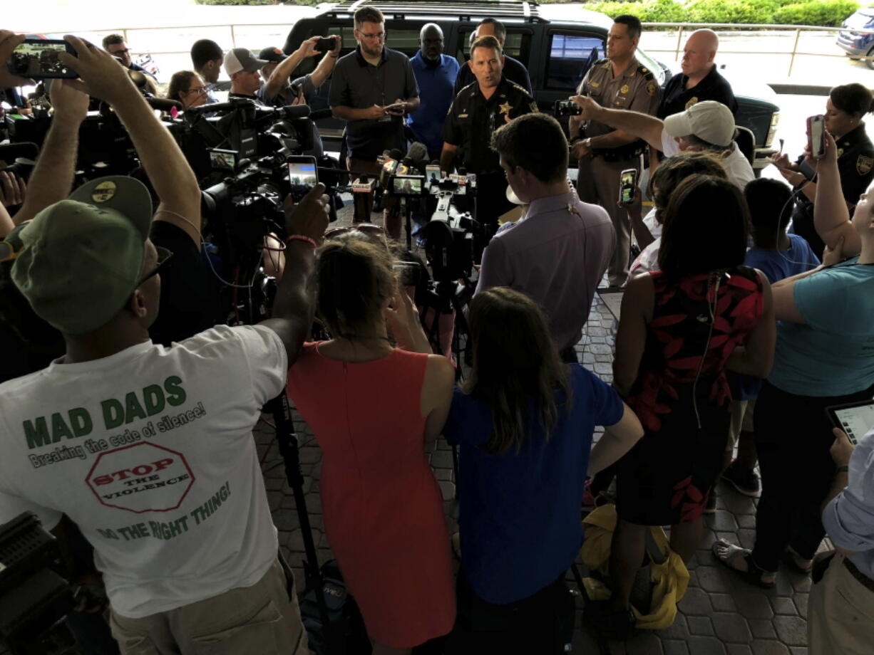 Jacksonville Sheriff Mike Williams holds a news conference, Sunday, Aug. 26, 2018, in Jacksonville, Fla., after a gunman opened fire Sunday during an online video game tournament that was being livestreamed from a Florida mall, killing multiple people and sending many others to hospitals.