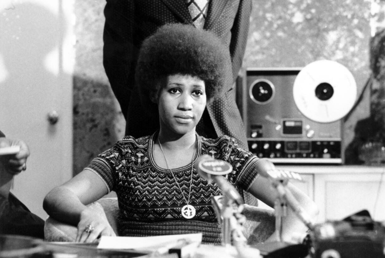 Soul singer Aretha Franklin appears at a news conference March 26, 1973. Franklin died Thursday at her home in Detroit. She was 76.