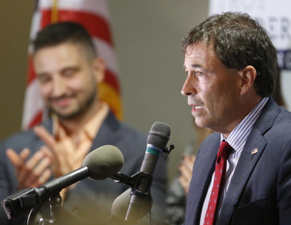 Troy Balderson, Republican candidate for Ohio’s 12th Congressional District, speaks to a crowd of supporters during an election night party Tuesday in Newark, Ohio.