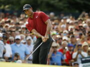 Tiger Woods chips onto 14th green during the final round of the PGA Championship golf tournament at Bellerive Country Club, Sunday, Aug. 12, 2018, in St. Louis.