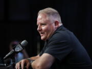 FILE - In this July 25, 2018, file photo, UCLA head coach Chip Kelly speaks at the Pac-12 Conference NCAA college football Media Day in Los Angeles. Kelly, who confounded opposing teams with his blur offense for the Oregon Ducks a few years back, returns to the Pac-12 this season as head coach of the UCLA Bruins. (AP Photo/Jae C.