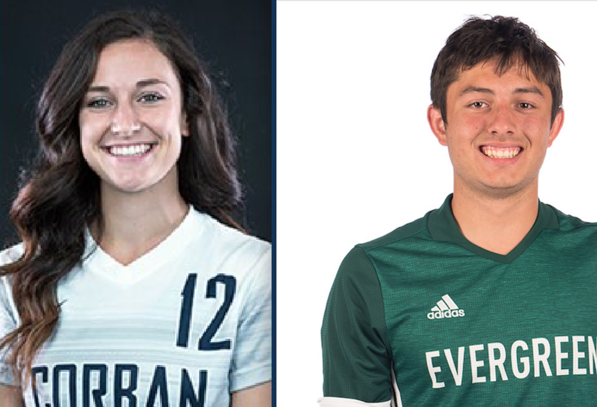 Riley Smetzler, left, and Levan Zhividze, members of the Corban University soccer program.