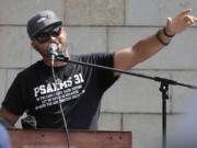 Joey Gibson, founder of the Patriot Prayer group, speaks at a rally supporting gun rights Aug. 18 at City Hall in Seattle. (AP Photo/Ted S.