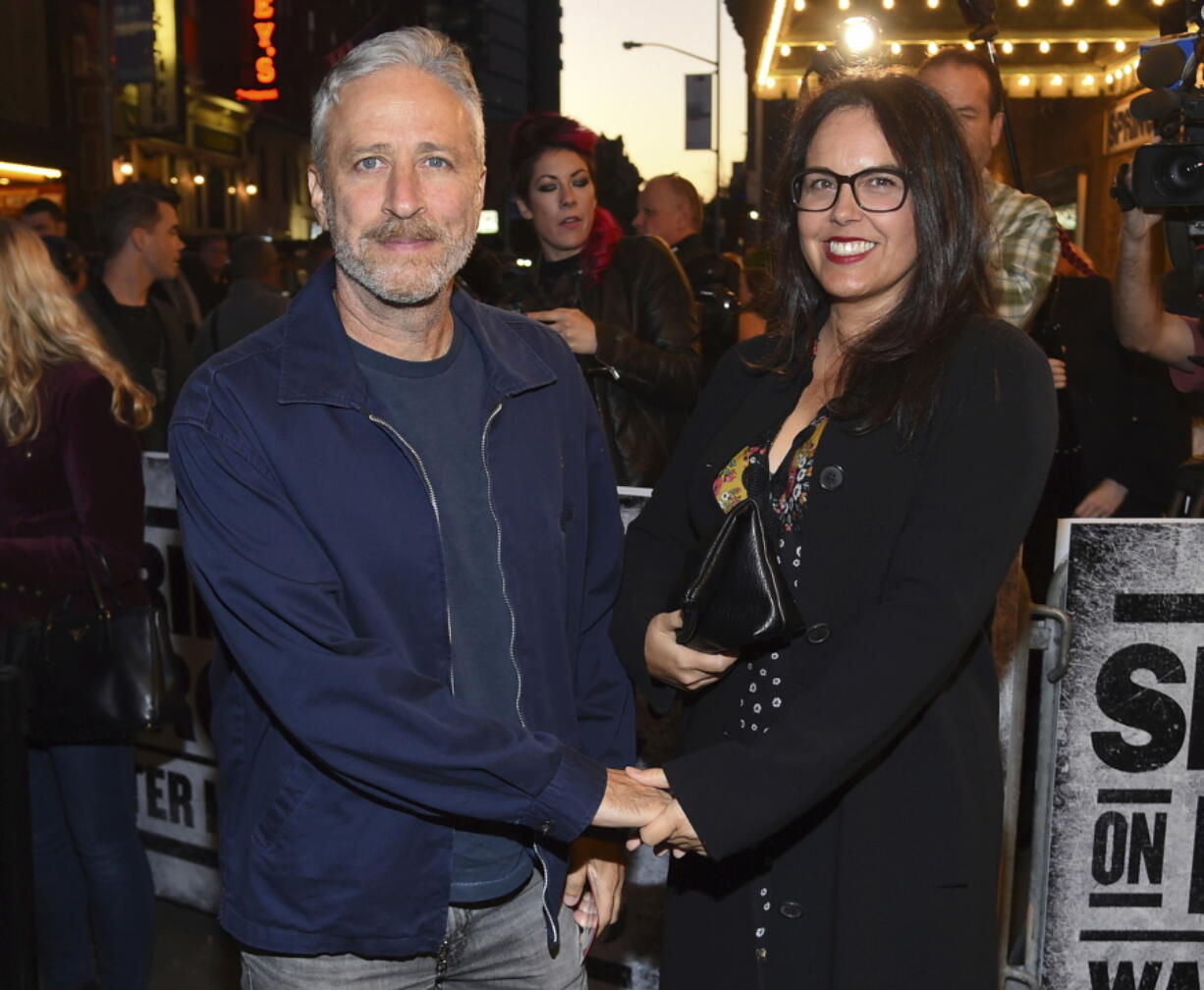 Comedian Jon Stewart and wife Tracey arrive at “Springsteen On Broadway” opening night at the Walter Kerr Theatre in New York. Stewart has made a home for two goats found roaming along the subway tracks in New York City. A train operator on Monday, Aug. 20, 2018, alerted headquarters about “two very baaaaad boys” along the N Line in Brooklyn. The comedian and his wife own Farm Sanctuary, a shelter in Watkins Glen, N.Y.