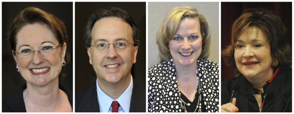 This combination of photos shows West Virginia state Supreme Court justices, from left, Robin Davis on Oct. 3, 2012, Allen Loughry on Oct. 3, 2012, Beth Walker on March 16, 2016 and Margaret Workman on Dec. 29, 2008. The West Virginia House of Delegates is considering impeachment articles against all four justices.