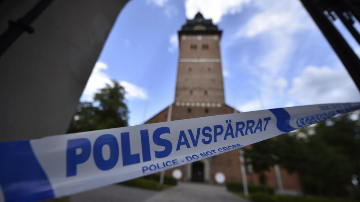 A police cordon is seen near the scene of a robbery at the Strangnas Cathedral, in Strangnas, Sweden.