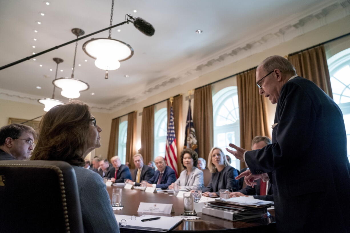 White House chief economic adviser Larry Kudlow, right, accompanied by Secretary of Veterans Affairs Robert Wilkie, left, and CIA Director Gina Haspel, second from left, gives a report on the economy during a Cabinet meeting with President Donald Trump, background at left, Thursday in the Cabinet Room of the White House.