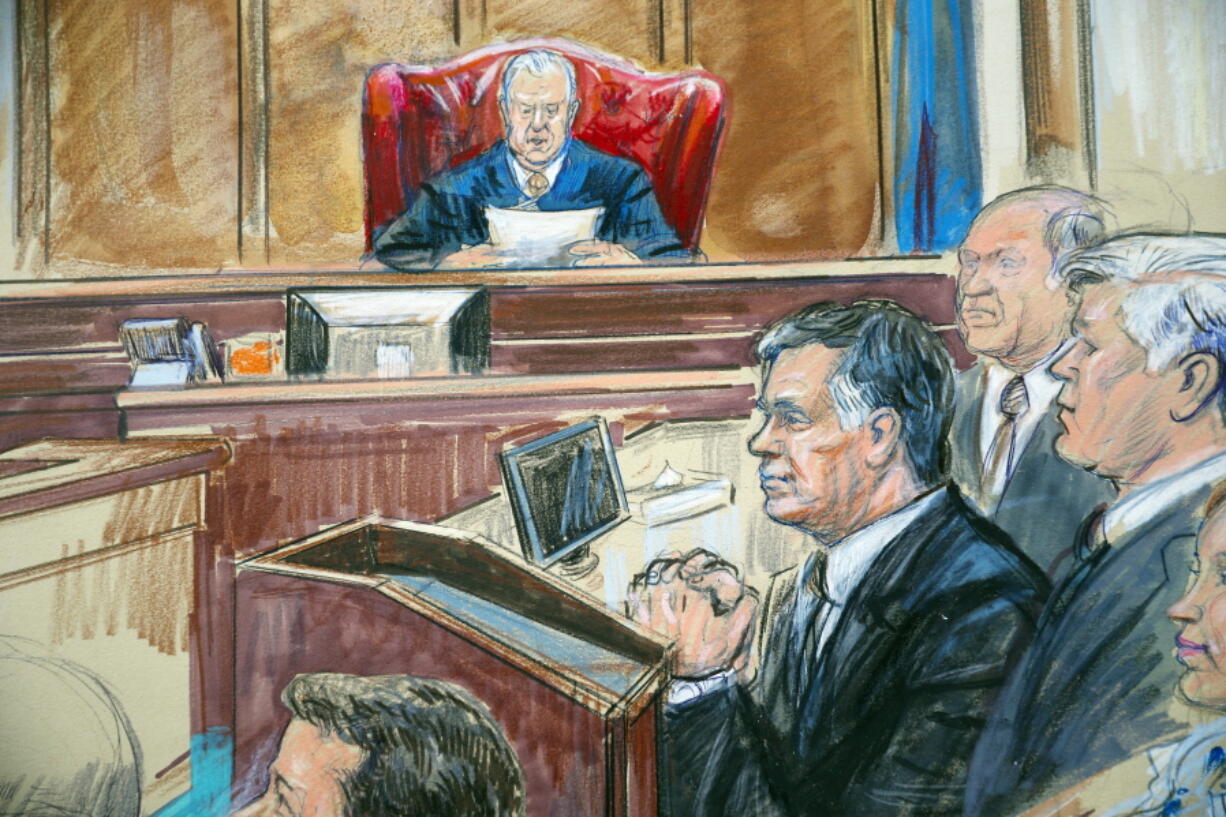 This courtroom sketch shows Paul Manafort listening to U.S. District court Judge T.S. Ellis III at federal court in Alexandria, Va., on Tuesday. Manafort, the longtime political operative who for months led Donald Trump’s winning presidential campaign, was found guilty of eight financial crimes in the first trial victory of the special counsel investigation into the president’s associates. A judge declared a mistrial on 10 other counts the jury could not agree on.