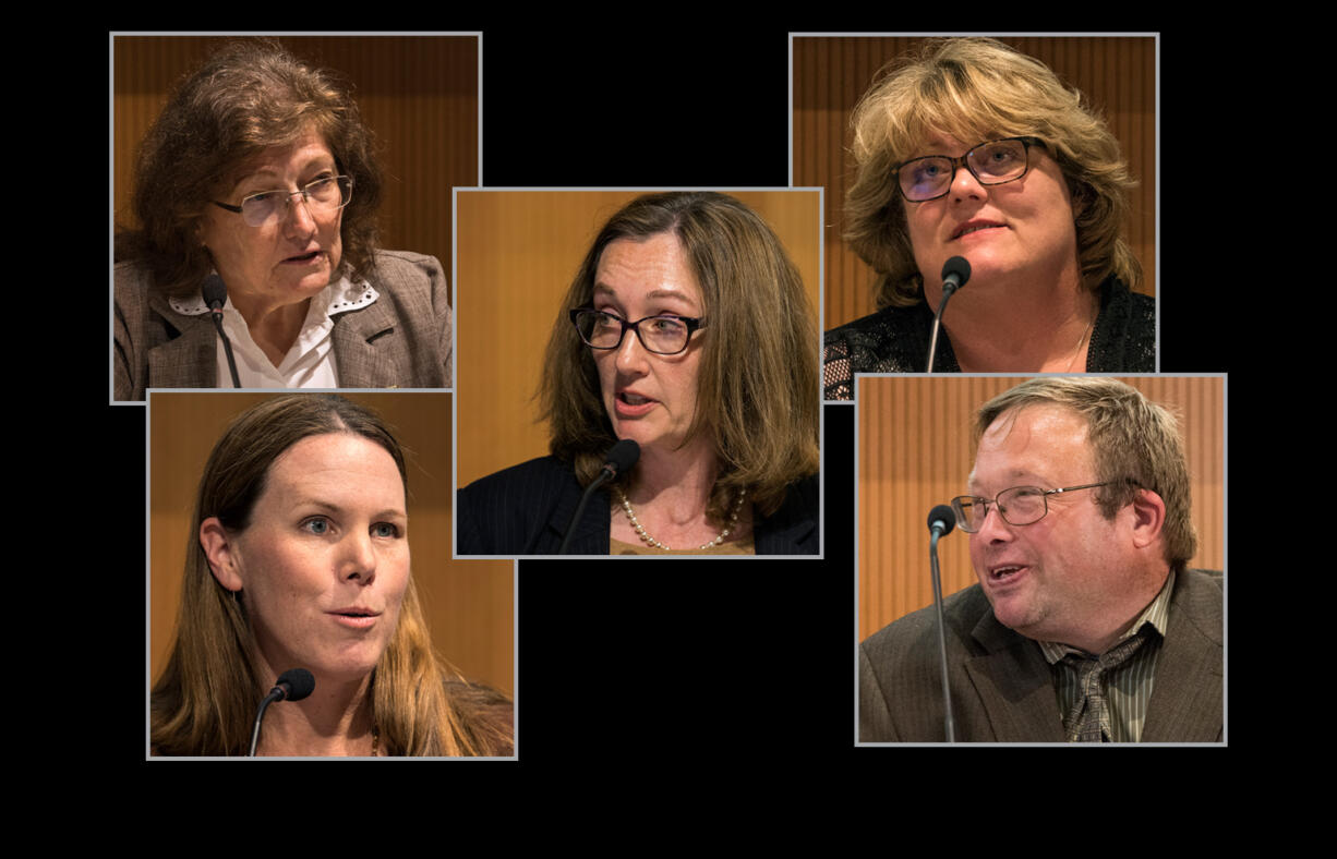 Candidates for Vancouver City Council Position 1, clockwise from top left, Maureen McGoldrick, incumbent Laurie Lebowsky, Mary Elkins, Adam Shetler and Sarah Fox.