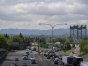 Traffic approaches the Interstate 5 Bridge on a morning in May.