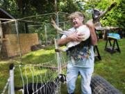 Brenda Calvert, co-owner of Half Moon Farm, lifts a newly purchased goat back into its enclosure while working on the farm. Like many other rural landowners, the Calverts have utilized several rural services of the Clark Conservation District in recent years.