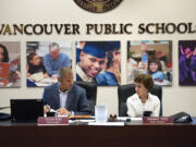 Superintendent Steve Webb and Board President Rosemary Fryer begin the Vancouver Public Schools board meeting on Aug. 28.