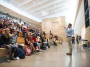 Discovery High School Principal Aaron Smith welcomes the freshman class of 116 students to Discovery High School, the first students at the new project-based learning high school.