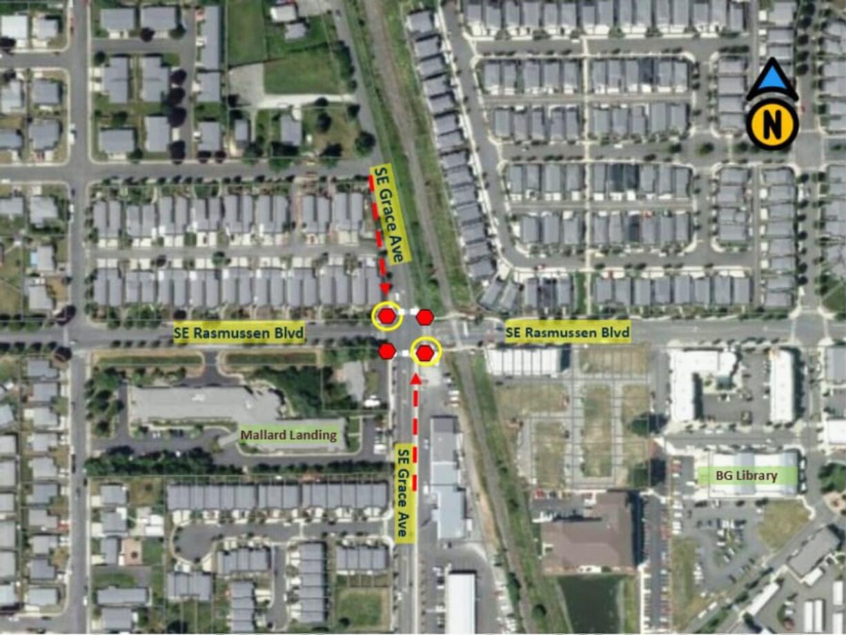 Battle Ground: The intersection of Southeast Rasmussen Boulevard and Southeast Grace Avenue will become an all-way stop intersection in the coming weeks with the installation of a stop sign and painted stop bar on both the north and southbound lanes of Grace Avenue.