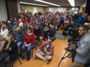 The room is filled to capacity with at least 260 people during a Battle Ground Public Schools board meeting on Monday, Sept. 10, 2018, at the Lewisville Intermediate Campus in Battle Ground.