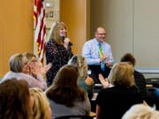 Woodland: New Woodland Intermediate School Principal Denise Pearl introduces new teachers on Sept. 10 at the district’s all-staff breakfast, where Superintendent Michael Green, right, discussed attendance and graduation goals for the future.