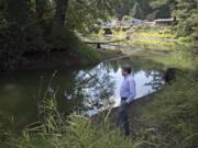 Camas city administrator Pete Capell looks over water that was diverted from Round Lake toward the mill ditch area. Georgia-Pacific recently donated about 181 acres appraised at $960,000 that was owned by the Camas paper mill to the city to be used for green space and recreation. Top: The dam at Lacamas Park, which was recently donated to the city of Camas from Georgia-Pacific, is seen Thursday during the annual partial draining of Round Lake for maintenance work.