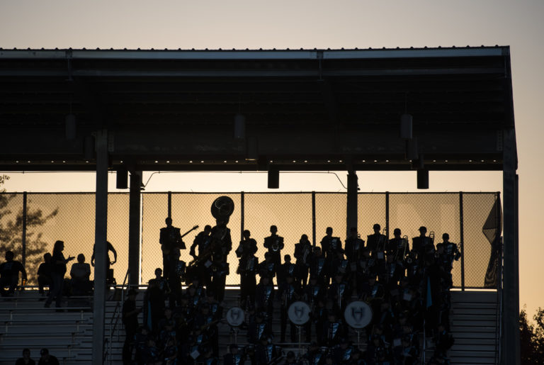 The Hockinson High School marching band plays music before Friday night's game against Woodland in Hockinson on Sept. 28, 2018.