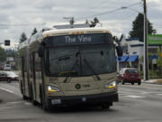 The Vine bus stops along Fourth Plain Boulevard to pick up passengers in 2018.