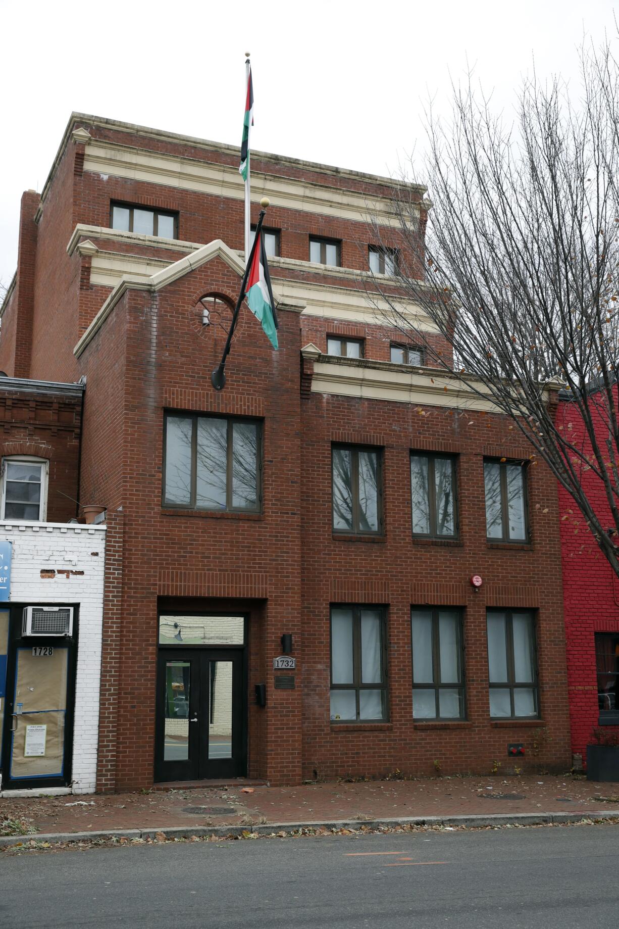 FILE - This Nov. 18, 2017 file photo shows the Washington office of the Palestine Liberation Organization. President Donald Trump is closing the Palestinian Liberation Organization’s mission in Washington, the latest American strike against the Palestinians during the stalled Mideast peace process.  The announcement was expected on Monday.